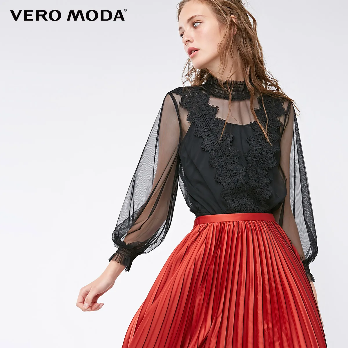 S59 Black Vero Moda женские кружевные шифоновые топы с 3/4 рукавами | 319130502 - Цвет: S59 Black