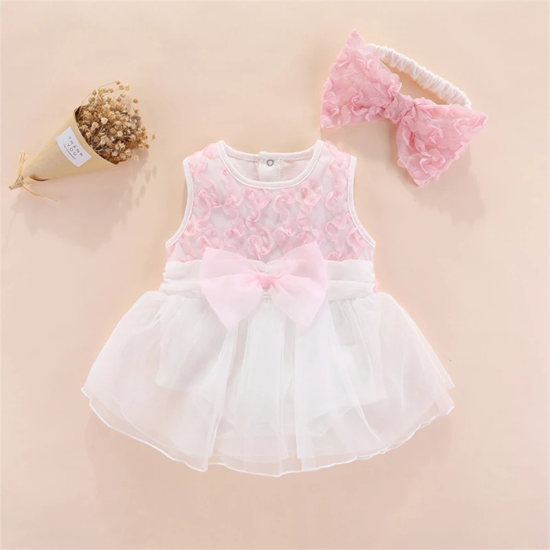 

Baby Clothes summer Girl Clothes Sleeveless Bow Lace Wedding dress Rompers Cotton Newborn Jumpsuits Kid Clothes Headband