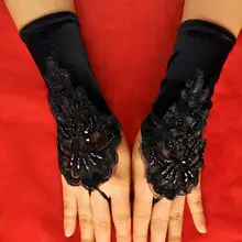 New White Ivory pearls Appliques fingerless wedding bride gloves wrist length black matte satin short gloves wedding accessories