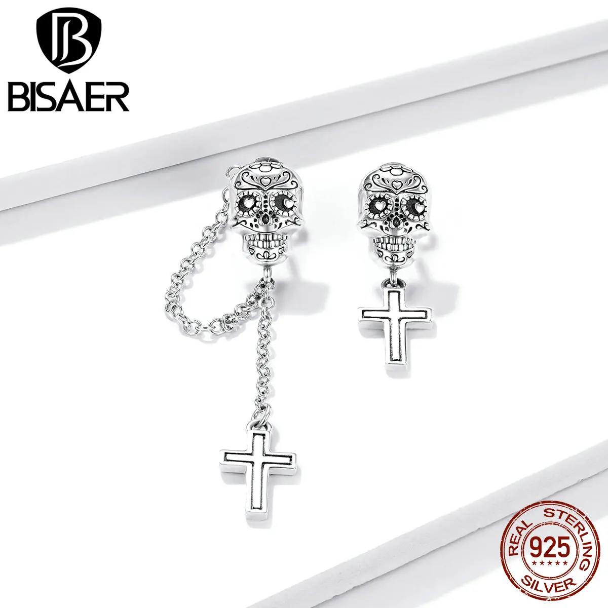 

BISAER Brincos 925 Sterling Silver Skull with Cross Stud Earrings for Women Chain Simple Fashion Earrings Jewelry Bijoux GAE419