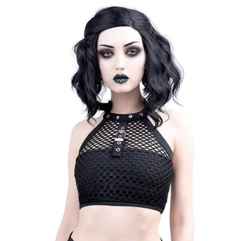 

NCLAGEN Grid Hollow Out Halter Sexy Crop Top Women Gothic Punk Style Tank Black Streetwear Bodycon Summer Top Backless Outfit