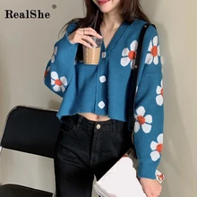 RealShe, осенние свитера для женщин, v-образный вырез, длинный рукав, пуговицы, цветочный принт, женский кардиган,, весенний свитер, кардиган для женщин