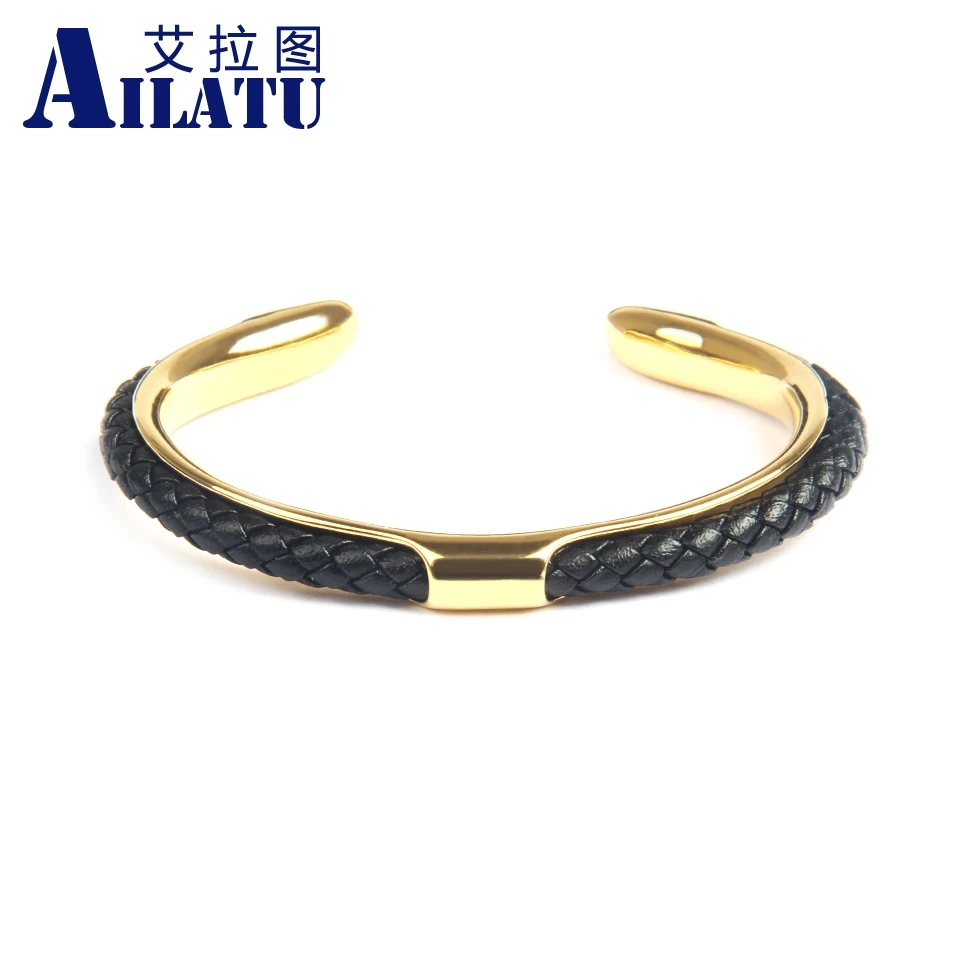 New Luxury Men Opening Cuff Bangles 316L Stainless Steel Genuine Leather Bracelet Friendship Jewelry for Lover 2