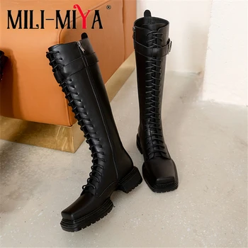 

MILI-MIYA New Arrival Women Motorcycle Boots Knee High Cow Leather Square Toe Zipper Lace-Up Solid Color Size 34-40 For Ladies