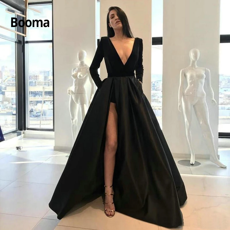 Женское вечернее платье Booma Черное длинное с глубоким V-образным вырезом и