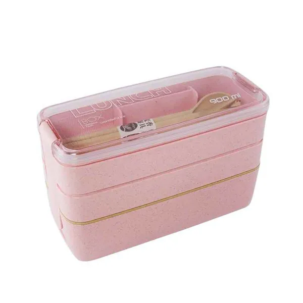Вилка spoon900ml здоровый материал Ланч-бокс 3 слоя пшеничной соломы Bento коробки микроволновая посуда контейнер для хранения еды Ланчбокс - Цвет: Розовый