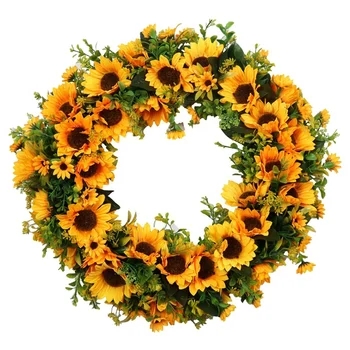 

20 inch Large Sunflower Wreath for Front Door Artificial Yellow Sunflower with Green Leaves Door Wreath Indoor Outdoor