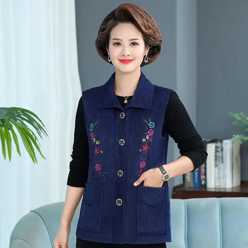 

Corduroy Women Vest Jacket 2023 Spring Autumn Middle-aged Mother Embroidered Button Sleeveless Coat Plus Size Female Outwear Top