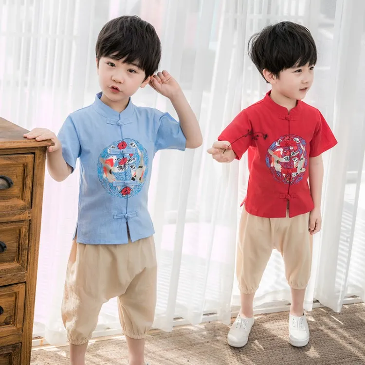 

Children Wind Little Boy Chinese Clothing in Chinese Costume BOY'S Suit Ancient Costume Class B Cotton Linen Short Sleeve Chines