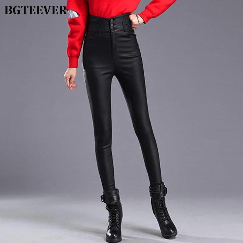 BGTEEVER зимние женские кожаные брюки женские плотные брюки с высокой талией женские узкие брюки из искусственной кожи