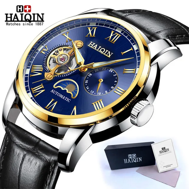 HAIQIN Automatic Mechanical Watch Men Stainless Steel Watches Mens Brand Luxury Business Waterproof Wristwatch relogio masculino Gold Blue