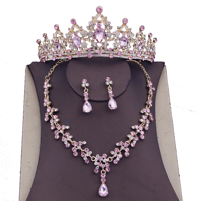 Water Drop Crystal Bridal Jewelry Sets Women Bride Tiara Crowns Earring Necklace Set Princess Wedding Dress Jewelry Accessories