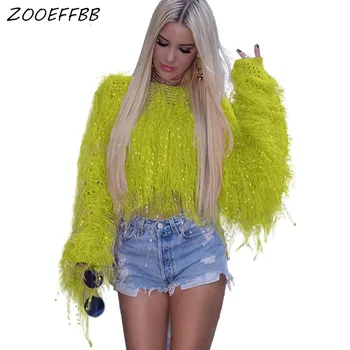 

ZKYZWX Oversized Sweater Women Rave Soft Cropped Tops Tassel Knitted Mohair Jumper Casual Loose Pullovers Fall Winter Clothes
