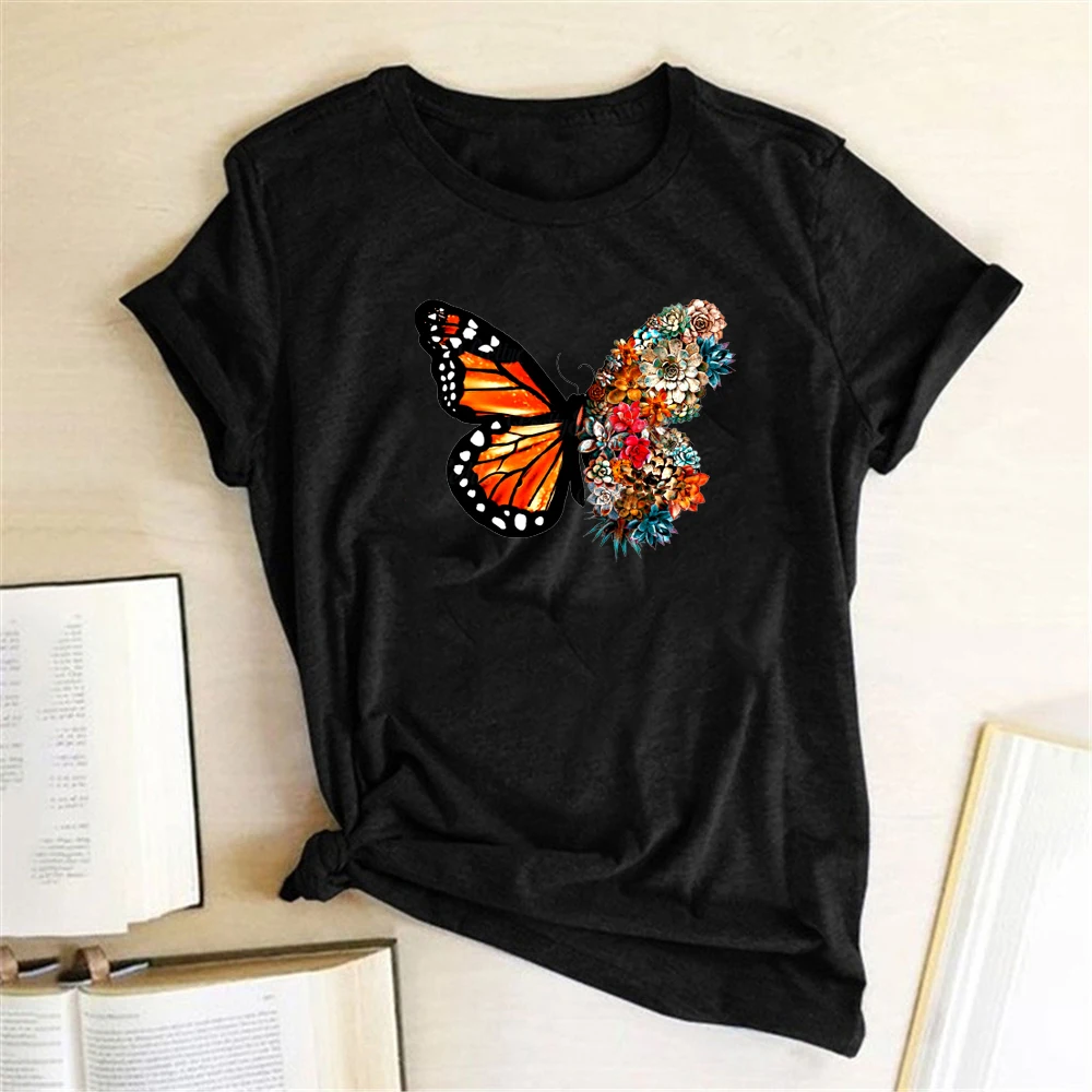T-Shirts Women Tops Flowers Graphic Summer Clothes Vogue Round-Neck Butterfly Girls Camisetas-Mujer