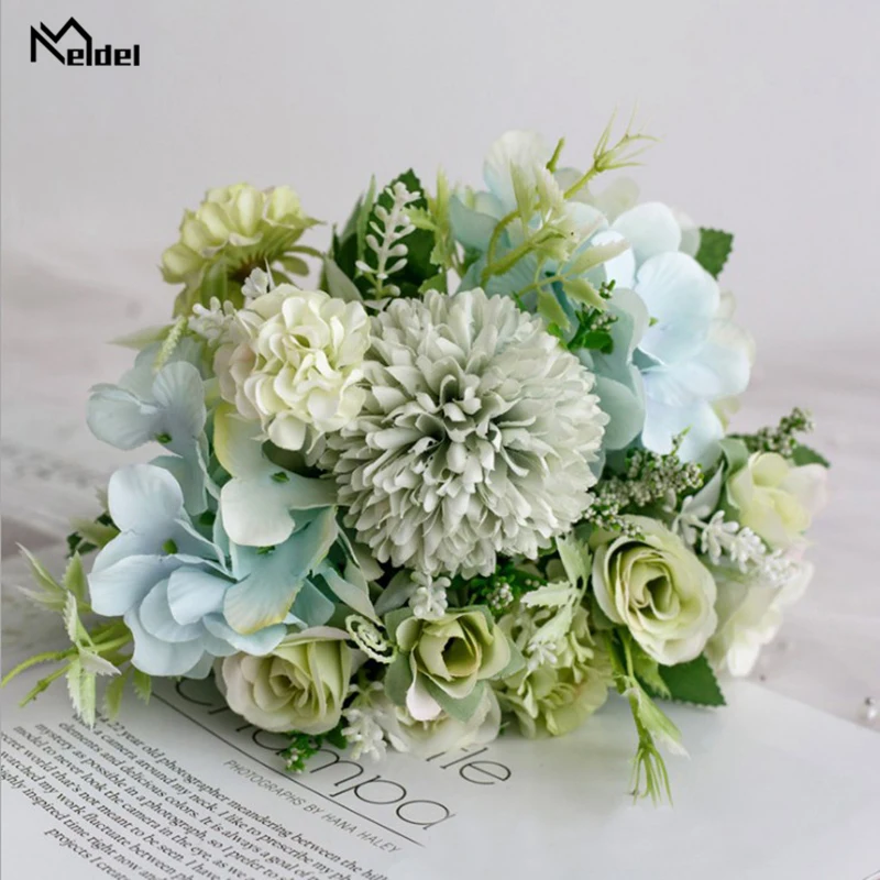 rose-green Meldel искусственный цветок букет 7 голов цветы гортензии искусственный букет Шелк Цветущая Роза Пион помпон невесты свадебное украшение - Цвет: rose-green