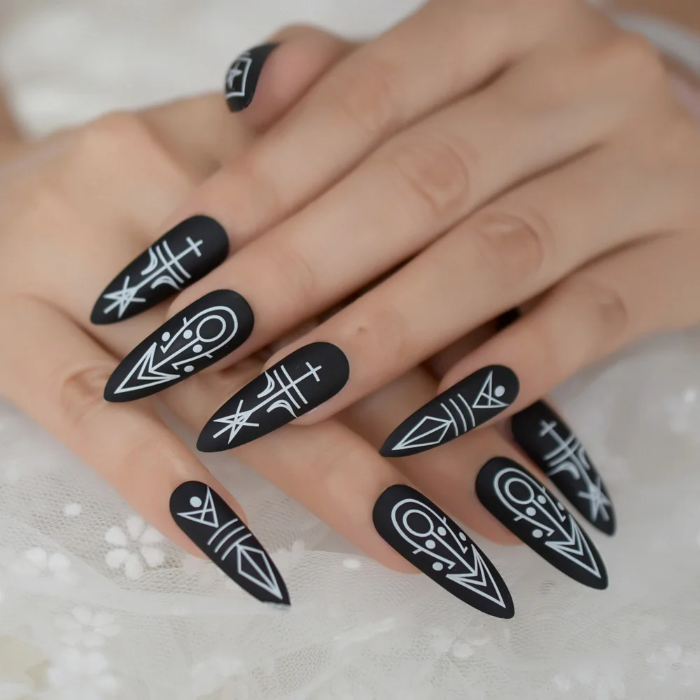 Длинные дизайнерские накладные ногти с геометрическими узорами, острые накладные ногти на шпильках, стильные женские накладные ногти с острым носком в стиле панк - Цвет: L5174