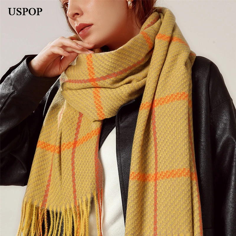 

Зимний шарф USPOP 2020, женские шарфы в клетку, Длинные Теплые шарфы с кисточками, большая шаль