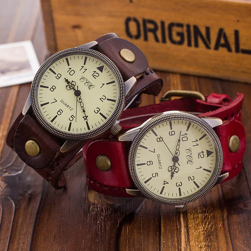

Western Style Men Retro Real Cow Leather Watch Strap Fashionable Watch Large Dial Simple Men's Watch