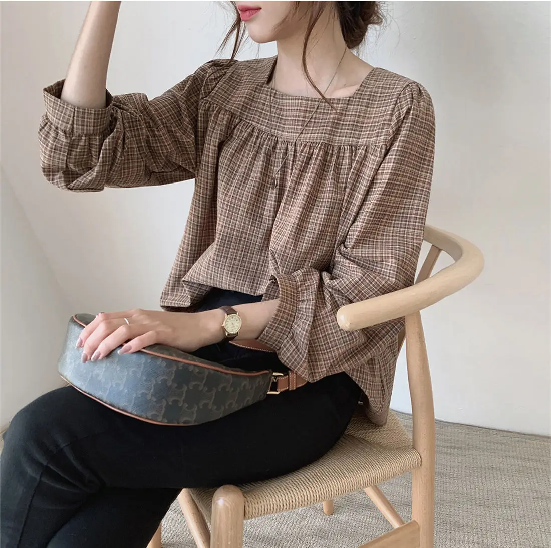Plaid New Womens Blouses Summer Tops Femme Casual Women Shirt Long Sleeve Cotton Girls women Blouse New Blusas Solid Loose