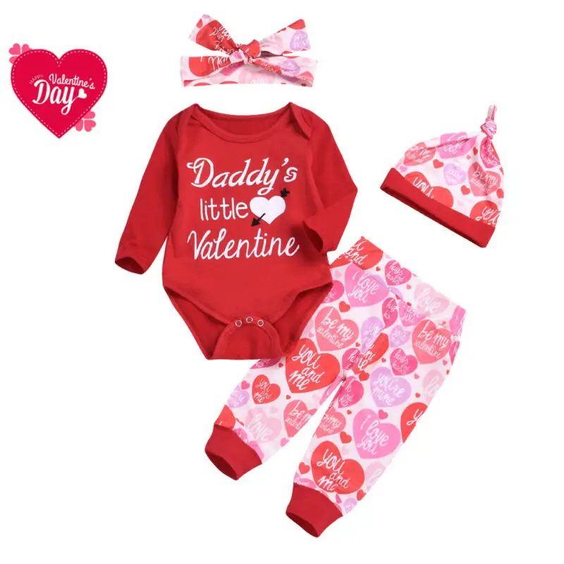 Одежда для новорожденных мальчиков и девочек с надписью «My 1st Valentine», модные топы, комбинезон+ штаны, комплект с шапочкой