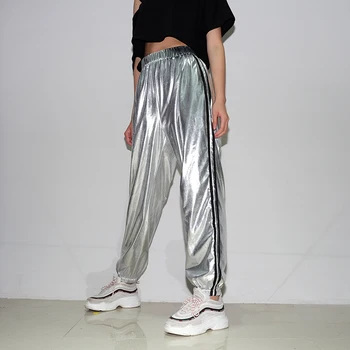 

Fashion Women Workout Casual Loose Pants Side Striped Sports Trousers Ladies Elastic Waist Long Trouser Sliver Shiny Pants