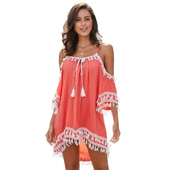 

Each Vacation Dress Sexy Strapless Strapless V-Neck Fringe Stitching Beach Skirt Female Bikini Blouse