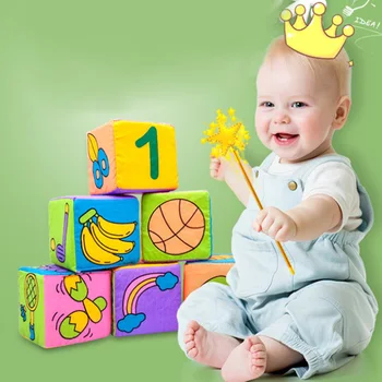 

6PCS Infant Baby Block Plush Block Toys Cloth Cube Blocks Building Rattles Squishy Handbell Cube Sound Early Educational Toys D1