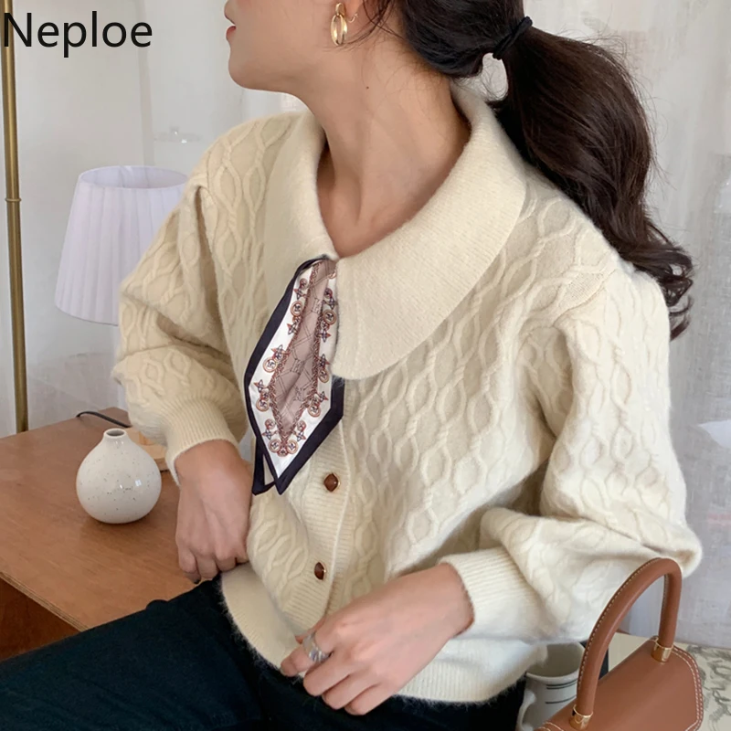 Neploe, женские кардиганы, Осень-зима, Одноцветный, твист, шарф, воротник, длинный рукав, вязаный свитер, однобортный, теплый, женский кардиган, 80294