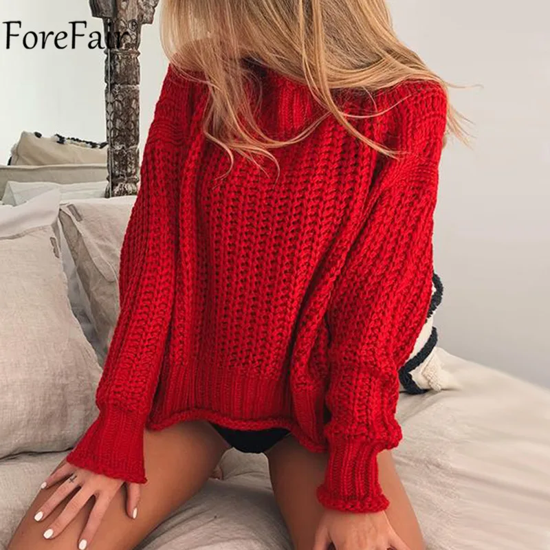 

Forefair Turtleneck Women Sweater Autumn Winter Loose Oversize Knitted Red Casual Solid Pullover