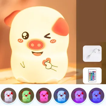 

7 Color Changing LED Lamp Children Remote Control Pig Shape Night Light Soft Silicone USB Charging Bedroom Baby Cartoon Bedside