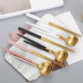 

Stainless Steel Tableware Set 1 pc Chopsticks 2 pc Spoon Portable Dinnerware Set Gold Black Travel Western Tableware Set