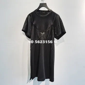 

2020 spring and summer new women's dress lace stitching loose mid-length Tshirt dresses women black dress