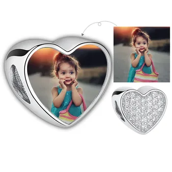 

Personalized 925 Sterling Silver Custom Photo Charm Beads Heart Cubic Zirconia Fit For Bracelets Necklaces DIY Jewelry Making