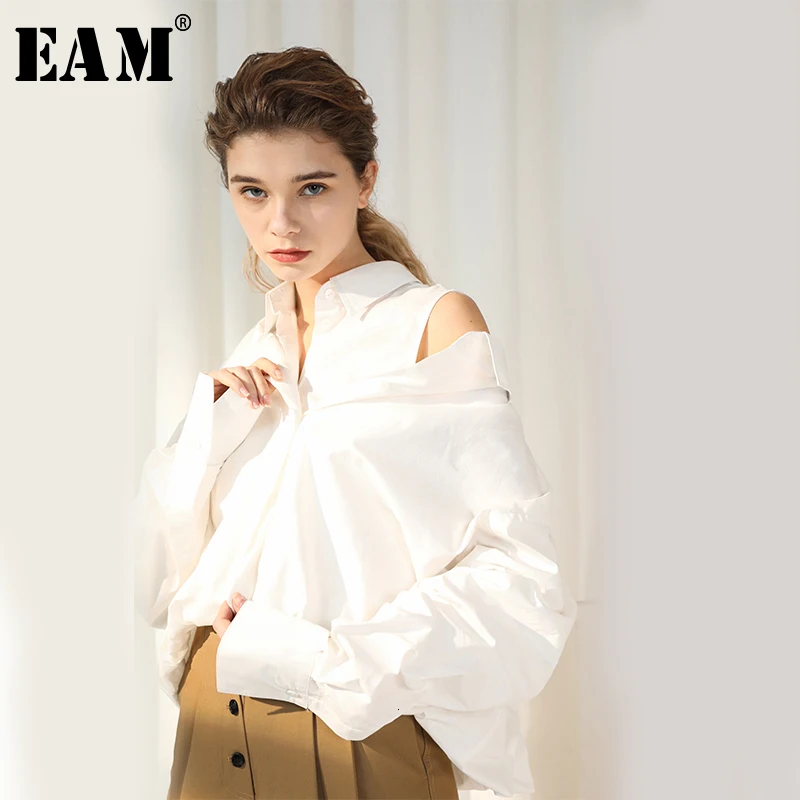 

[EAM] 2019 New Autumn Winter Lapel Long Sleeve Strapless Loose Button Big Size Temperament Shirt Women Blouse Fashion Tide JY099