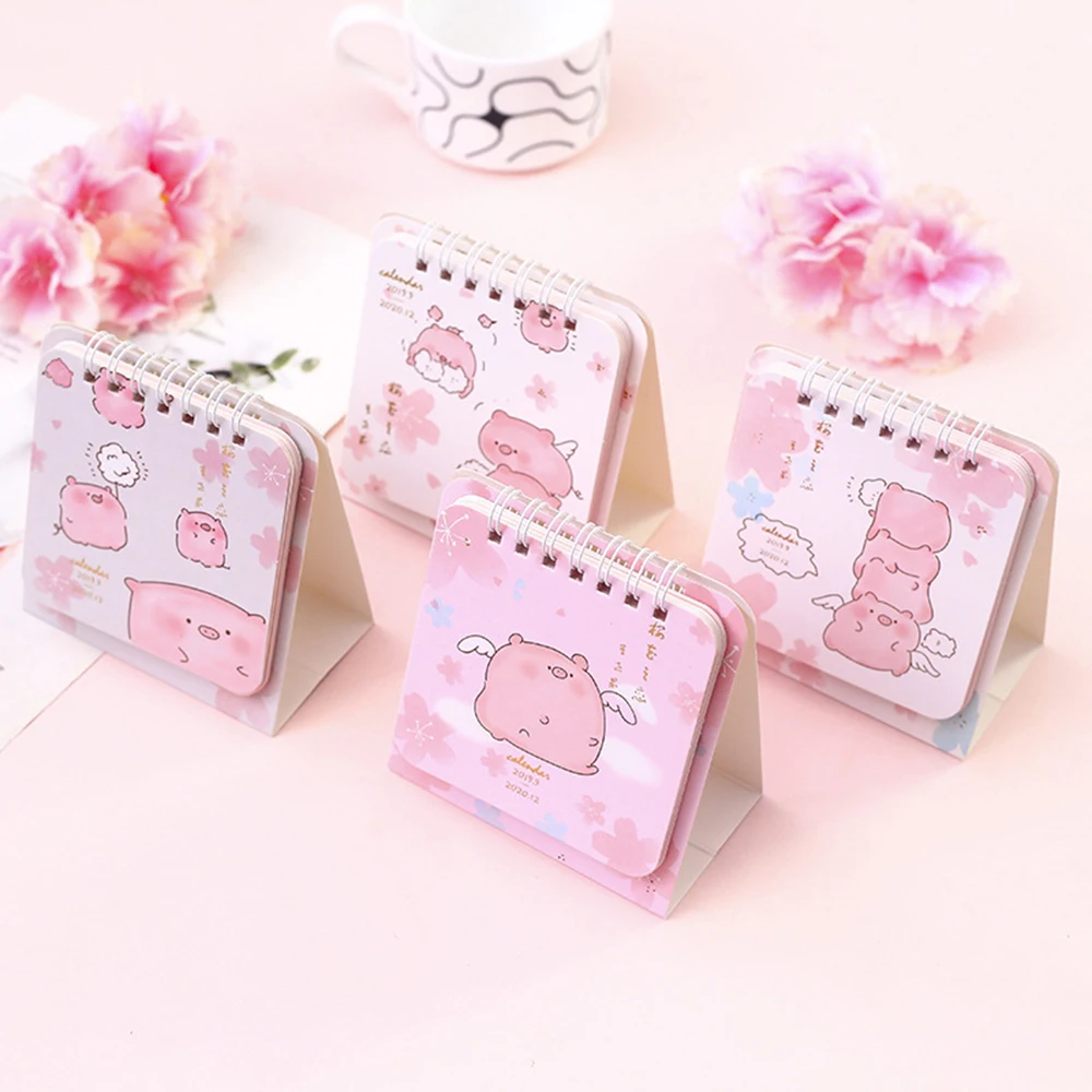 

1Pcs Calendar 2019.09-2020.12 Cute Pig and Cherry Blossoms Coil Calendar Mini Portable Desk Calendars Daily Schedule Planner