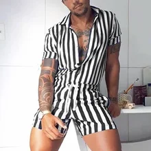 Men’s Casual Short-sleeved Jumpsuit Summer Fashion Stripe Single-breasted Short Pants sexy jumpsuit outside the lapel sports