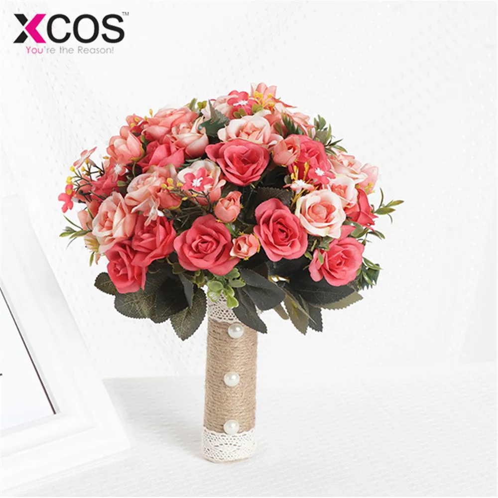 XCOS Свадебный букет ручной работы Искусственный цветок розы buque Casamento Свадебный букет для свадебного украшения ramos de novia - Цвет: Красный
