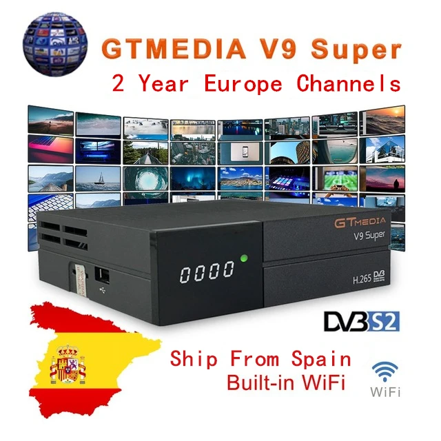 

GTmedia V9 Super Digital Satellite TV Receiver built-in WIFI HD 1080P with 2 years Europe Channels DVB-S2 H.265 DRE &Biss key