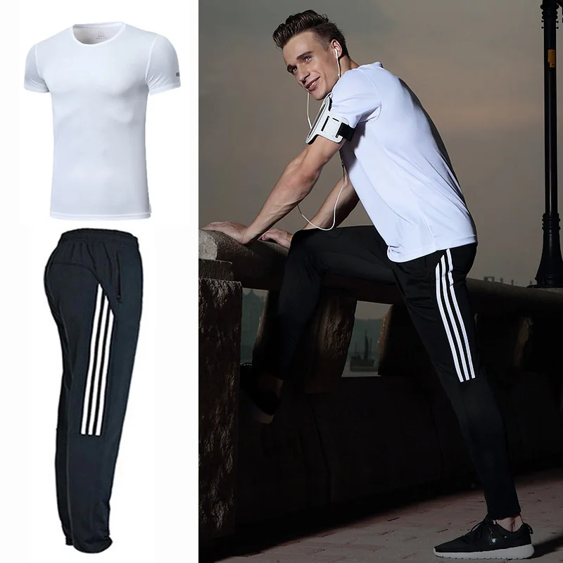 white set BINTUOSHI, дышащие спортивные штаны, Мужские штаны для бега с карманами на молнии, высокая эластичность, тренировочные штаны для фитнеса, штаны для мужчин - Цвет: white set