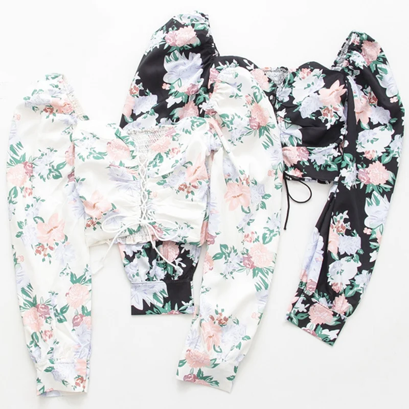 

Women Boho Beach Retro Square Collar Stretch Slim Long Bubble Sleeve Short Crop Tops Lady Sweet Printed Blouse Shirts