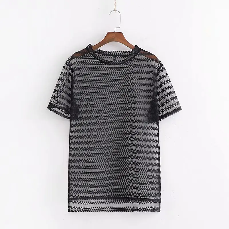 

Fashion Women Wavy Shape Striped Shirt Transparent Smock 2019 Autumn Leisure Lady Short sleeve Blouse Loose Tops S6281