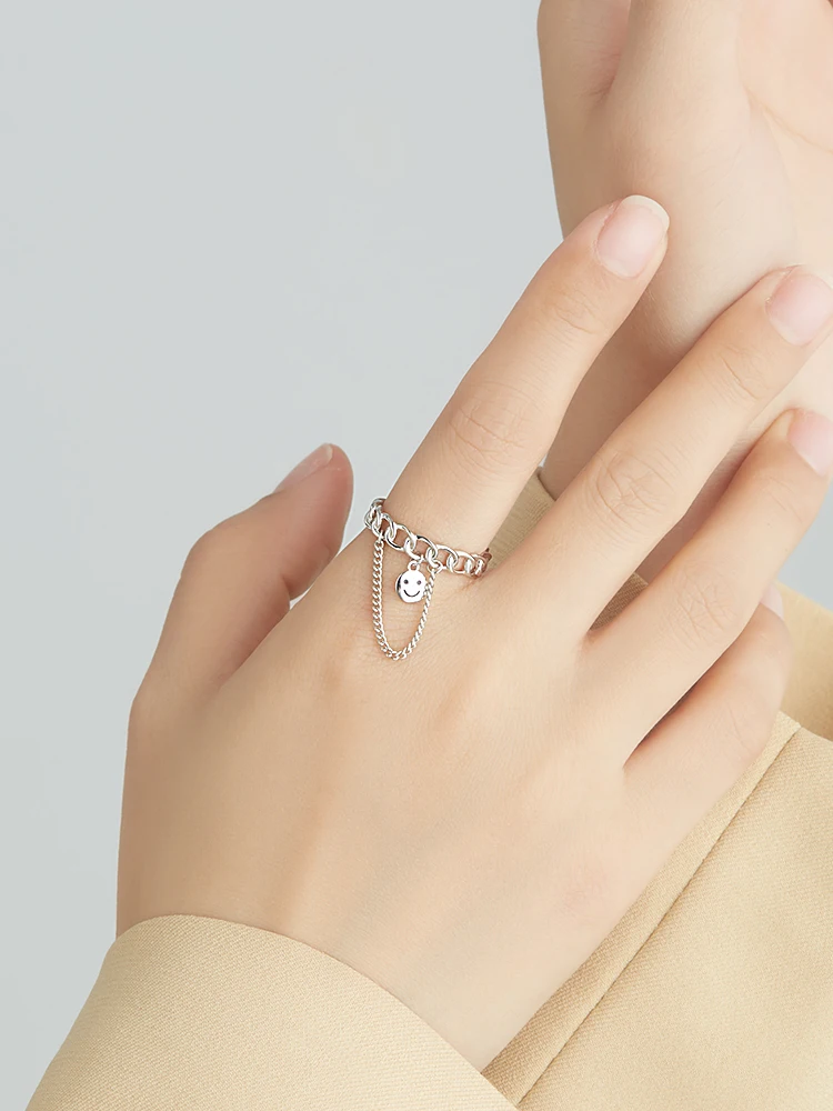 SILVERHOO Rings For Women Smiley Design S925 Adjustable Ring Chain K Pop Style Female Fine Jewelry Birthday Party Gift To Friend