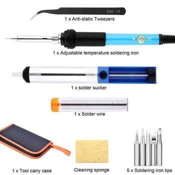 

16 In 1 60W Adjustable Temperature Electric Soldering Iron Kit EU/US 110/220V 5pcs Tips Portable Welding Repair Tool Tweezers