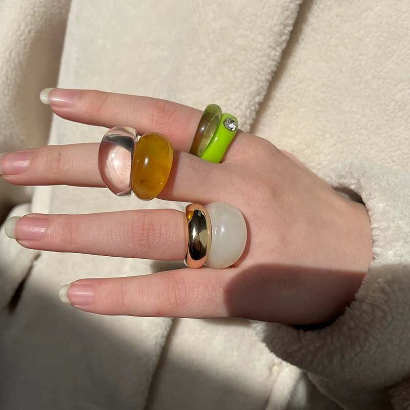 Women Ring Set Transparent Resin Acrylic Rhinestone Geometric Square Round