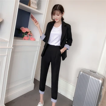 

Womens Tops and Blouses Blazer Set Woman Suits Lady Suit Office Notched Collar Single Breasted Three Quarter Ankle-length Pants