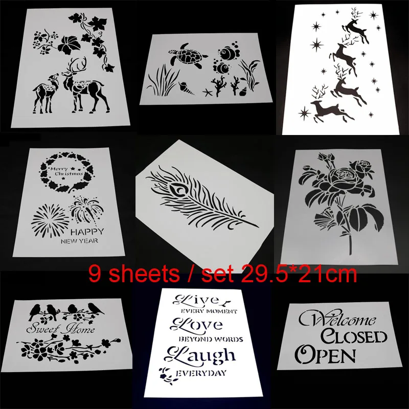 9pc Feather Painting Template Stencil DIY Embossing Accessories Sjablonen For Scrapbooking Decor Office School Supplies Reusable |