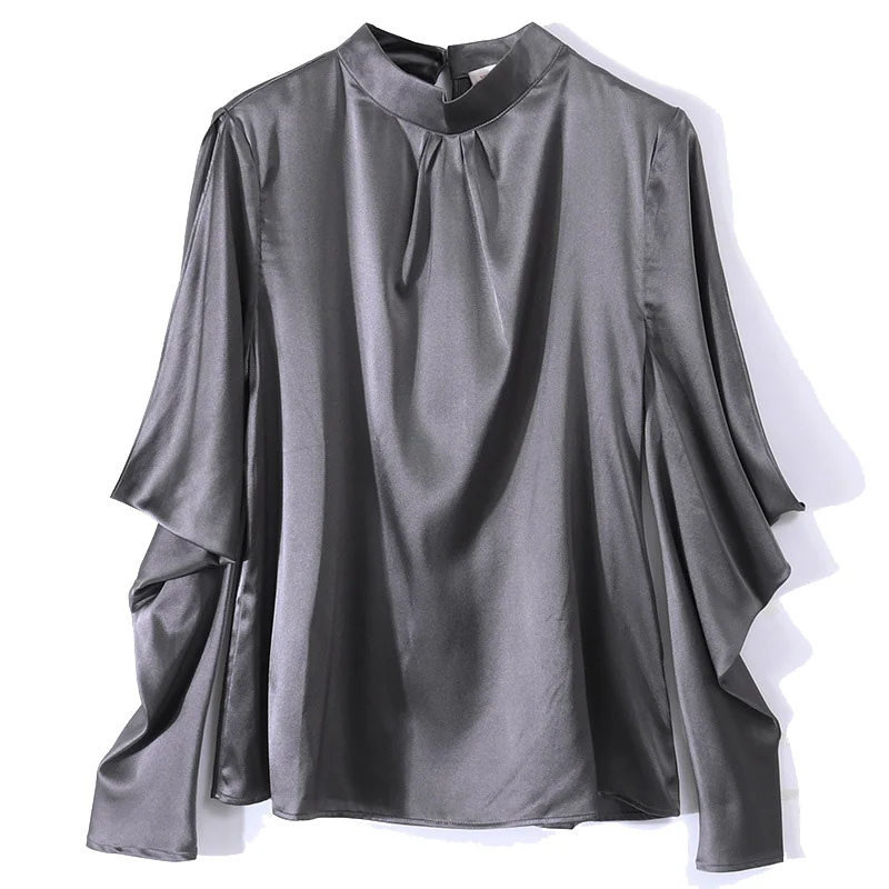 SuyaDream Spring Women Silk Blouses 16mm Silk Satin Long Sleeves Stand Collar Blouse Shirt