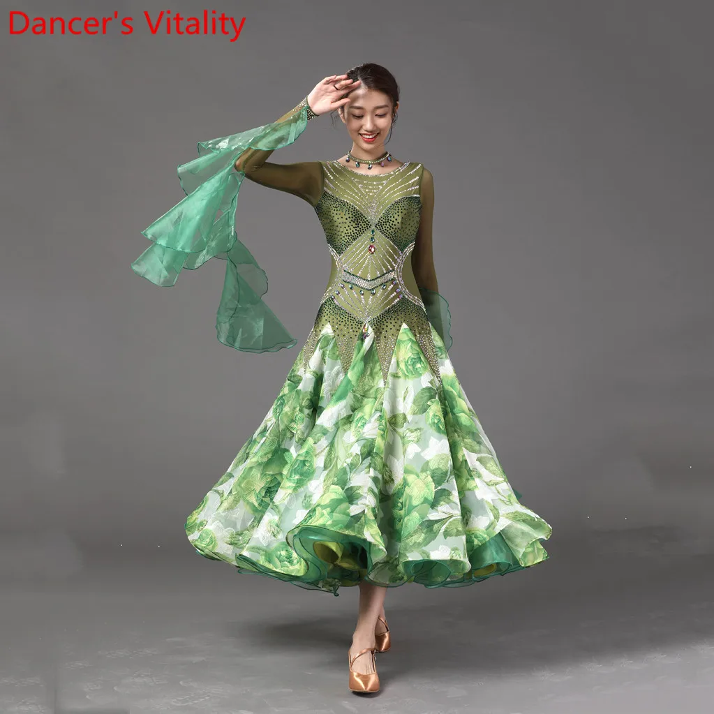 Дамские современные танцевальные гоночные наряды Стразы вырезанные рукава Цветочные платья Современный вальс, Бальные танцы одежда костюм для выступлений