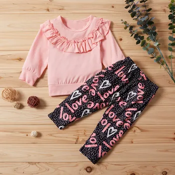 

Long Sleeve Tops Girls Autumn Clothes Toddler Baby Kids Girls Solid Ruched Ruffles Letter Pants Trousers Set Meisjes Kleding