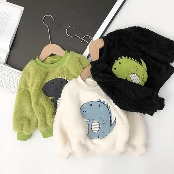 

Baby Boys Doubled Berber Fleece Winter Coat Kids Embroidered Cloth Cartoon Dinosaur Cute Tops Children Long SLeeved Outwear